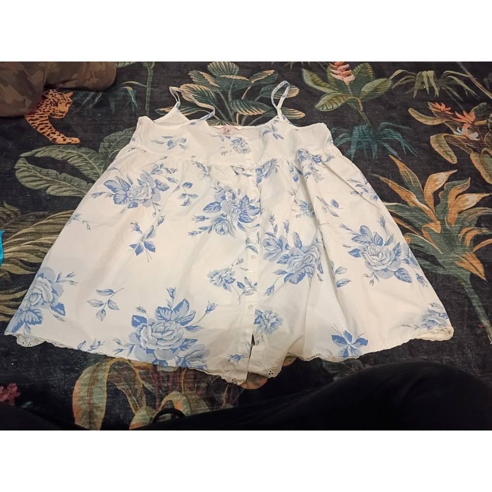 Vintage 90s Y2K Babydoll Top/ Mini Dress Women's XL White Blue Floral Cotton